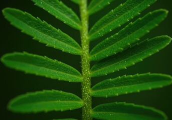 Closeup of green fern leaf with serrated edges on dark background with soft natural lighting