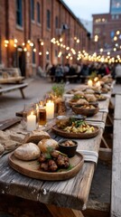 A cozy evening festyn in a town square features long communal tables with rustic wooden benches where people gather to share grilled food and local beer 