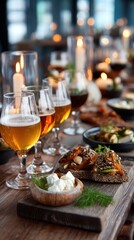A warm wooden table sets the scene for a cozy beer tasting evening, complete with craft beer glasses and savory appetizers under soft candlelight. a relaxed gathering with friends or colleagues.