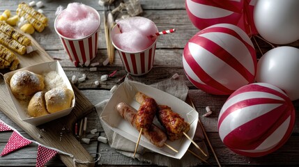 A festive flat lay featuring a grilled sausage in a paper tray, surrounded by colorful balloons, cotton candy, and drink cups, creating a lively atmosphere outdoor events or parties. 