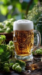 A frosty beer mug is lifted in a cheers gesture, with droplets of condensation shimmering on the glass, capturing the moment of toasting with friends over a refreshing beverage. 