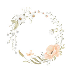 Watercolor wreath with delicate wildflowers and green plants, isolated floral frame for card, border, poster or wallpapers. Cute hand drawn illustration for your design.
