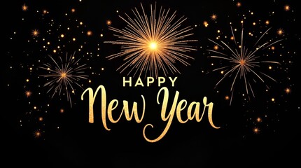 Classy black background illuminated by golden glitter lines, bright fireworks burst, and ornate serif New Year lettering