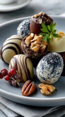 A minimalist grey plate serves as a elegant backdrop for an assortment of assorted pralines, adding a touch of sweetness to the sterile space. 