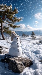 A serene winter landscape features a smiling snowman standing in the midst of soft falling flakes and distant pine trees, set against a vast white horizon. 