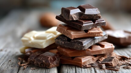 Rich dark chocolate bars sit atop a natural wood table, surrounded by milk chocolate bars in a harmonious stack. 