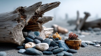Weathered driftwood from a coastal beach, worn smooth by the relentless sea, its natural texture and weathered patina tell the story of countless tides. 