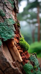 Soft moss blankets the intricate texture of this tree bark, inviting close inspection under macro detail. In the forest floor's natural world, unique patterns emerge.