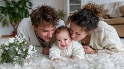 A happy toddler plays with their parents on the living room floor in an authentic family moment filled with laughter and joy. The warm atmosphere captures a heartwarming scene of togetherness at home.