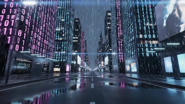 Futuristic cyberpunk city street at night with rain and buildings covered in binary code data stream