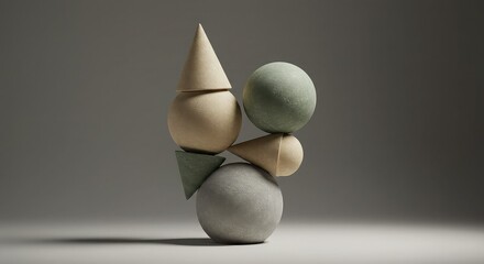 Stacked geometric shapes in earthy tones on gray background with subtle shadow