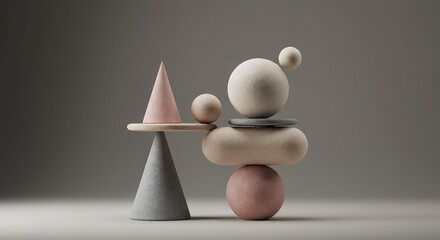 Balanced geometric shapes in neutral tones on gray background with soft lighting