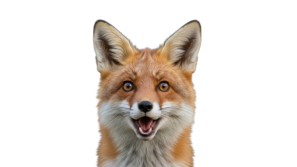 Frontal close-up headshot portrait of a wild Red Fox with surprised and happy expression isolated PNG with Transparent Background