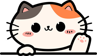 Cute cartoon calico cat waving paw, Kitty greeting wave hand