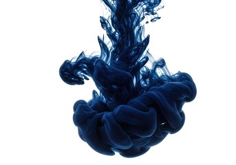Dark blue ink swirling in water creating abstract cloud like formations on white background with fluid motion
