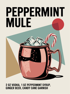 Retro 1960s style poster of a pink peppermint mule cocktail in a copper mug with candy cane garnish on geometric cream background