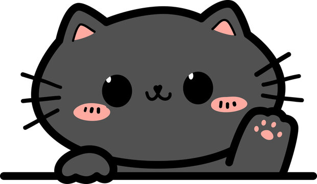 Cute cartoon black cat waving paw, Kitty greeting wave hand