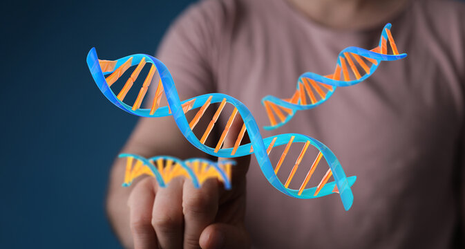 Close up view of abstract DNA model in human hand touching the genetic helix. Science and technology concept. - Powered by Adobe
