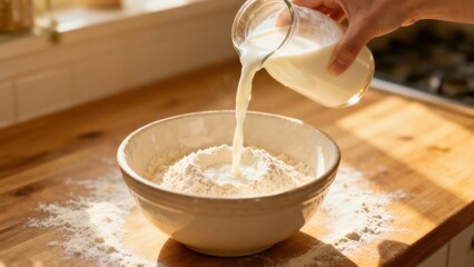 A hand pouring milk into a bowl of flour for baking. Preparing dough ingredients on a wooden countertop in a sunlit kitchen. Homemade cooking process