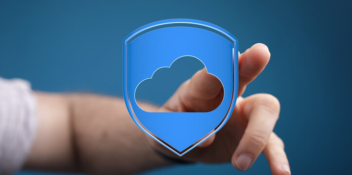 A hand touches a cloud data security shield, symbolizing protection and online security. Data protection concep - Powered by Adobe