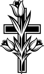 Cross with tulips in black and white style. Religious symbol of faith, memory, grief. Vector illustration for decor, design