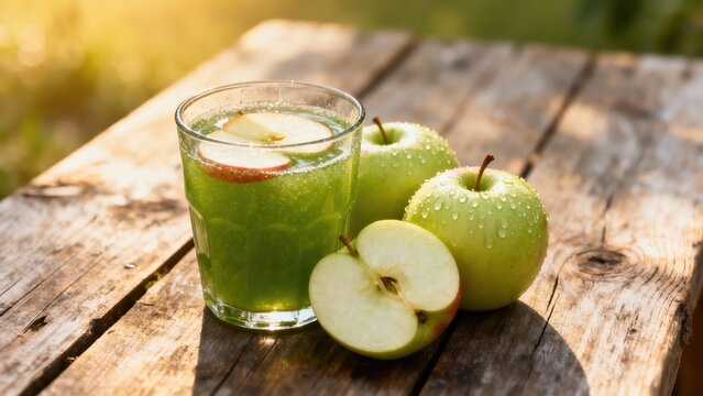 Fresh green apple juice in a glass on a rustic wooden table. Healthy organic detox drink outdoors in the summer sunlight. Healthy lifestyle and vegetarian diet concept - Powered by Adobe