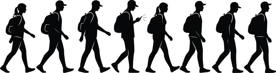 Group of diverse young adult trekkers, travelers, and backpackers walking outdoors, exploring nature, hiking in a line, black and white silhouette vector illustration