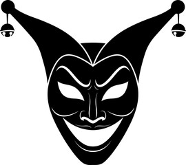 Obraz premium Black jester mask with bells and sharp smile. Masquerade, Mardi Gras, carnival playful symbol. Vector isolated illustration for logo, icon, theater