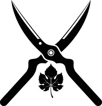 Crossed pruning shears tool with grape leaf in minimalist black and white flat graphic style. Garden work and agriculture concept. Vector icon