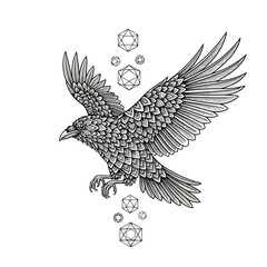 Intricate Geometric Raven Flying with Dodecahedron Shapes, Tattoo Design