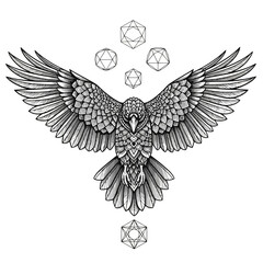 Intricate Geometric Raven Spreading Wings with Dodecahedrons and Sacred Geometry