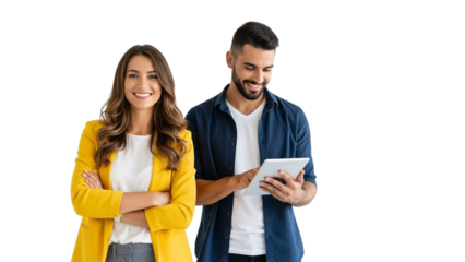 Man and woman standing together with tablet
