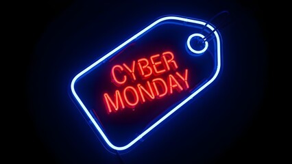 Dynamic neon sign in the shape of a sales tag, sparkling with vibrant light, heralds a massive online retail event featuring incredible digital savings and promotions
