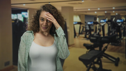 Fototapeta premium Woman hand on forehead wearing white tanktop in gymnasium building by weight benches after workout; post workout fatigue.