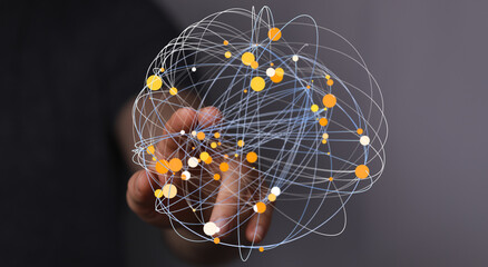 Abstract image showing a hand touching a digital network globe. Concept of global network, connection, innovation, and technology. Su
