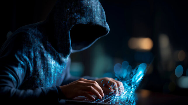 Faceless hooded hacker at computer with blue code cybersecurity threat scenario information security breach digital crime visualization anonymous attacker concept defocused - Powered by Adobe