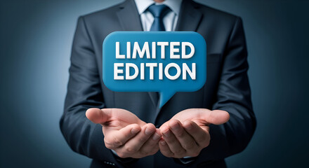 Businessman in suit holding limited edition speech bubble, promotional offer, exclusive deal, special announcement, professional presentation, marketing concept, corporate advertising