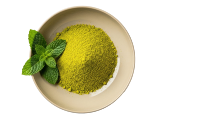 Matcha green tea powder in bowl isolated PNG, vibrant color and fresh mint leaves on transparent background, healthy beverage ingredient