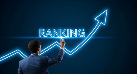 Businessman in suit draws a glowing neon graph with upward trending arrow and ranking text on dark blue background