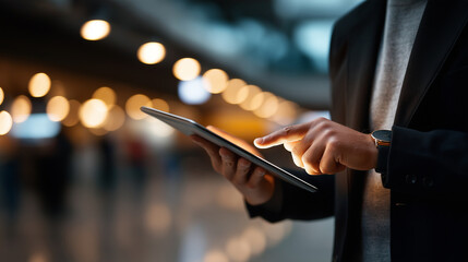 Faceless young person hands using digital tablet device technology interaction activity mobile computing operation digital literacy learning electronic device usage