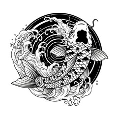 Black and White Koi Fish Illustration with Dynamic Waves and Circular Swirls