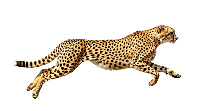 Running cheetah PNG isolated on transparent background, wild cat with black spots in full sprint for wildlife and nature designs