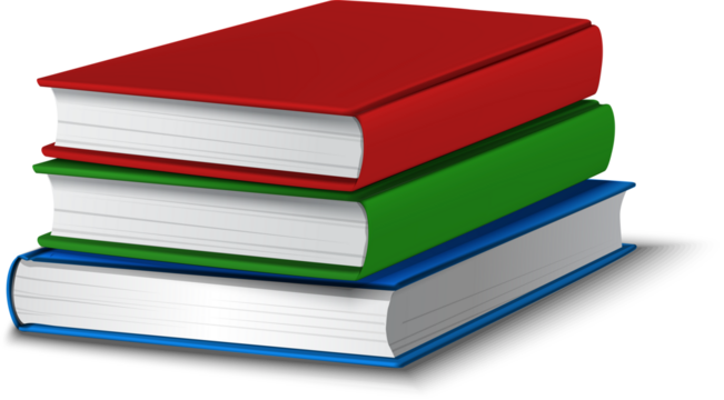 A stack of three colorful hardcover books in red, green, and blue on a white background isolated on transparent background - Powered by Adobe
