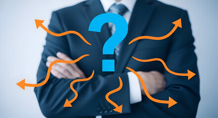 Businessman in dark suit with crossed arms and question mark surrounded by multiple directional arrows on gray background