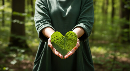 Close-up hand presenting a leaf shaped like a heart representing eco-friendly lifestyle and appreciation for natural beauty.