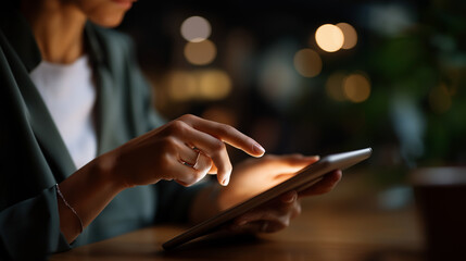 Faceless young person hands using digital tablet device technology interaction activity mobile computing operation digital literacy learning electronic device usage
