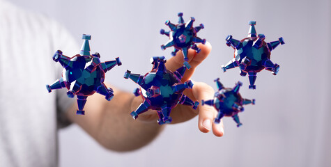 An abstract illustration of a hand interacting with a virus to represent concepts of healthcare,...