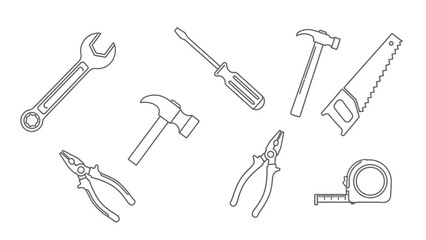 Fototapeta premium Outline drawings of various hand tools for construction and repair on white