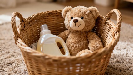 Wicker laundry basket containing liquid detergent bottle and teddy bear. Baby clothes washing concept with hypoallergenic soap. Household cleaning supplies on carpet