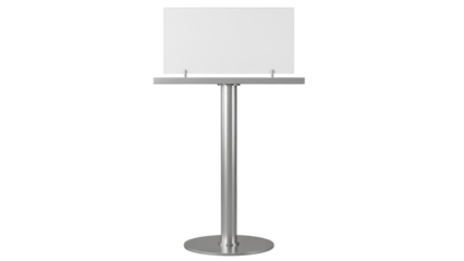 Silver metal information stand isolated PNG on transparent background, modern display for restaurants and retail spaces